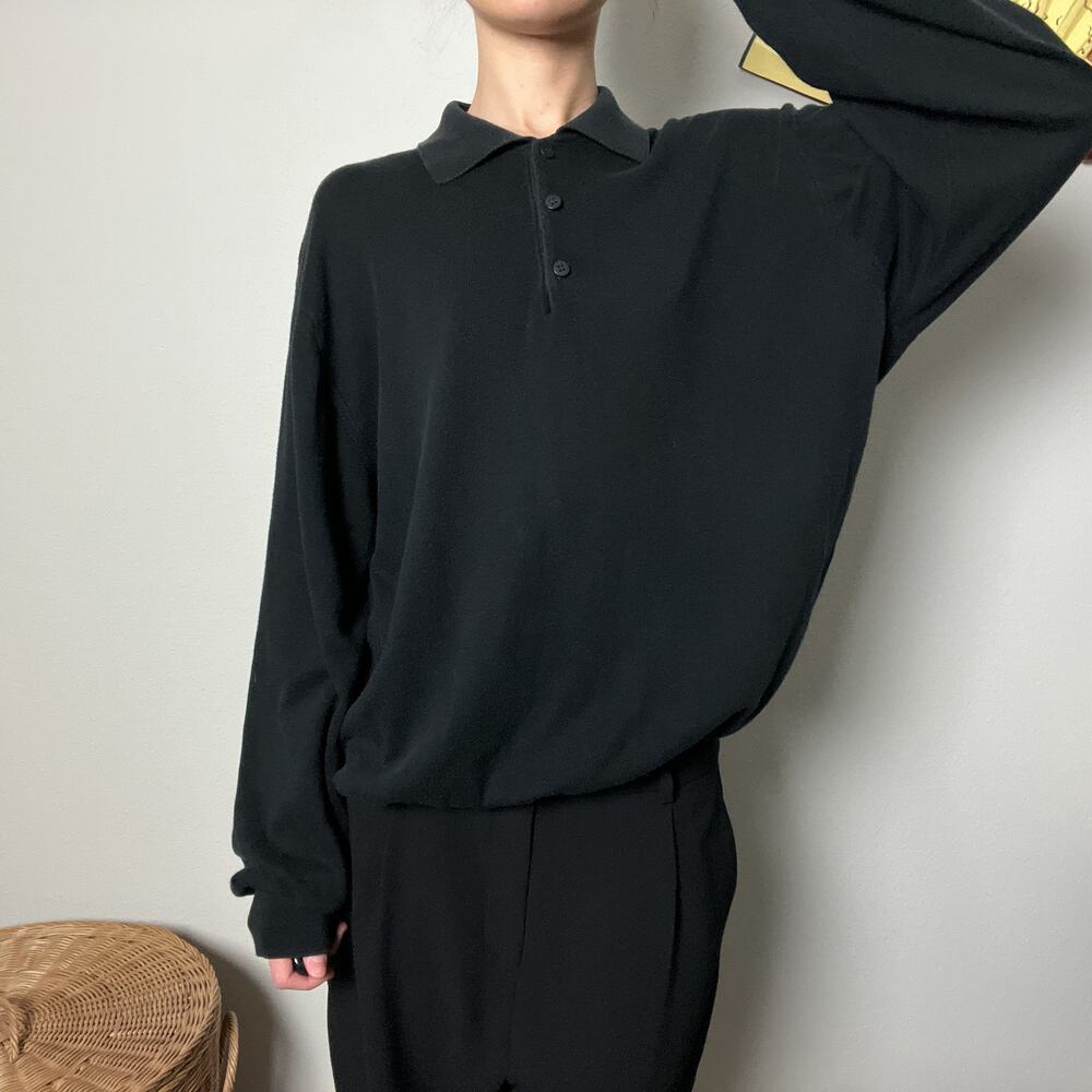 vintage black minimalist cotton knit oversized collared polo henley sweater top